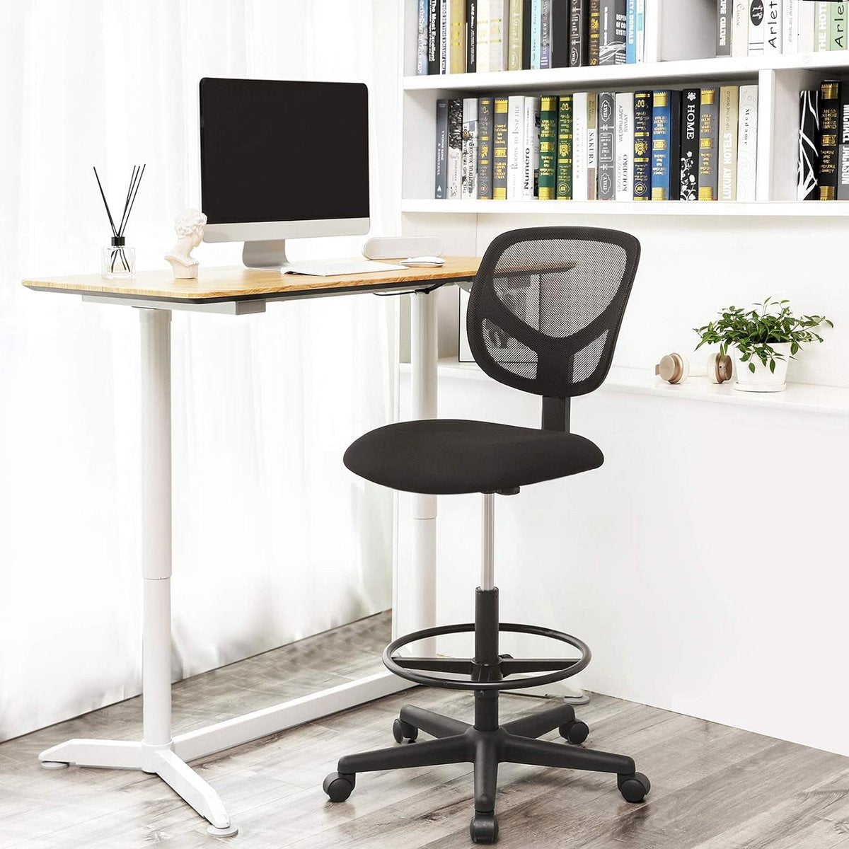 Desk chair, ergonomic task stool, seat height 51.5-71.5 cm, tall drafting chair with adjustable footrest, load capacity 120 kg, black OBN15BK