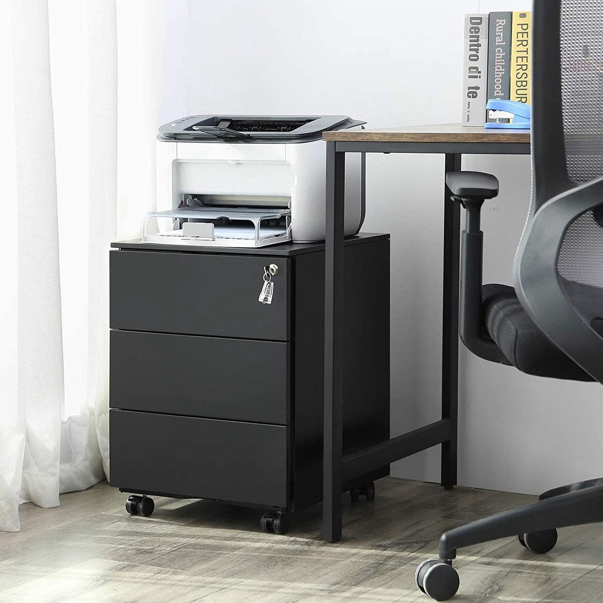 Luxe Stalen Ladeblok Op Wielen - Met Slot - Verrijdbare Ladekast Archiefkast Kantoor Kast - Office Rolcontainer Voor Onder Bureau - Mobiele Bureau Kast - Afsluitbaar - 3 Laden - Zwart