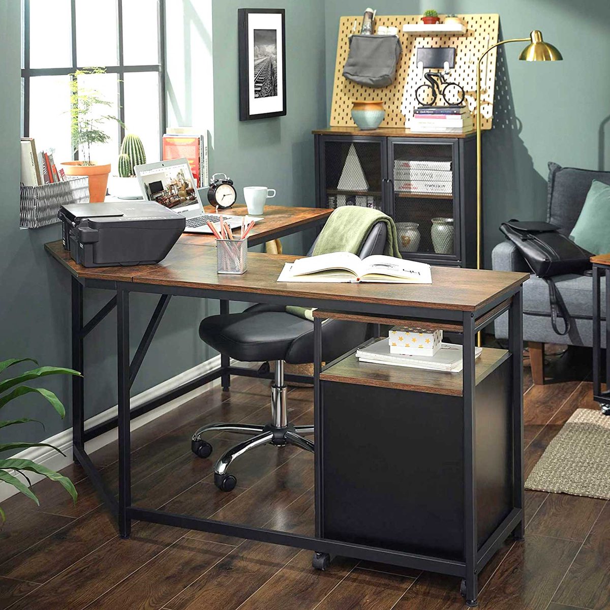 Mazazu Computerbureau - Bureau - Hoekbureau - Laptoptafel - Vintage - Hout/Metaal - Bruin/zwart - 149x50x75