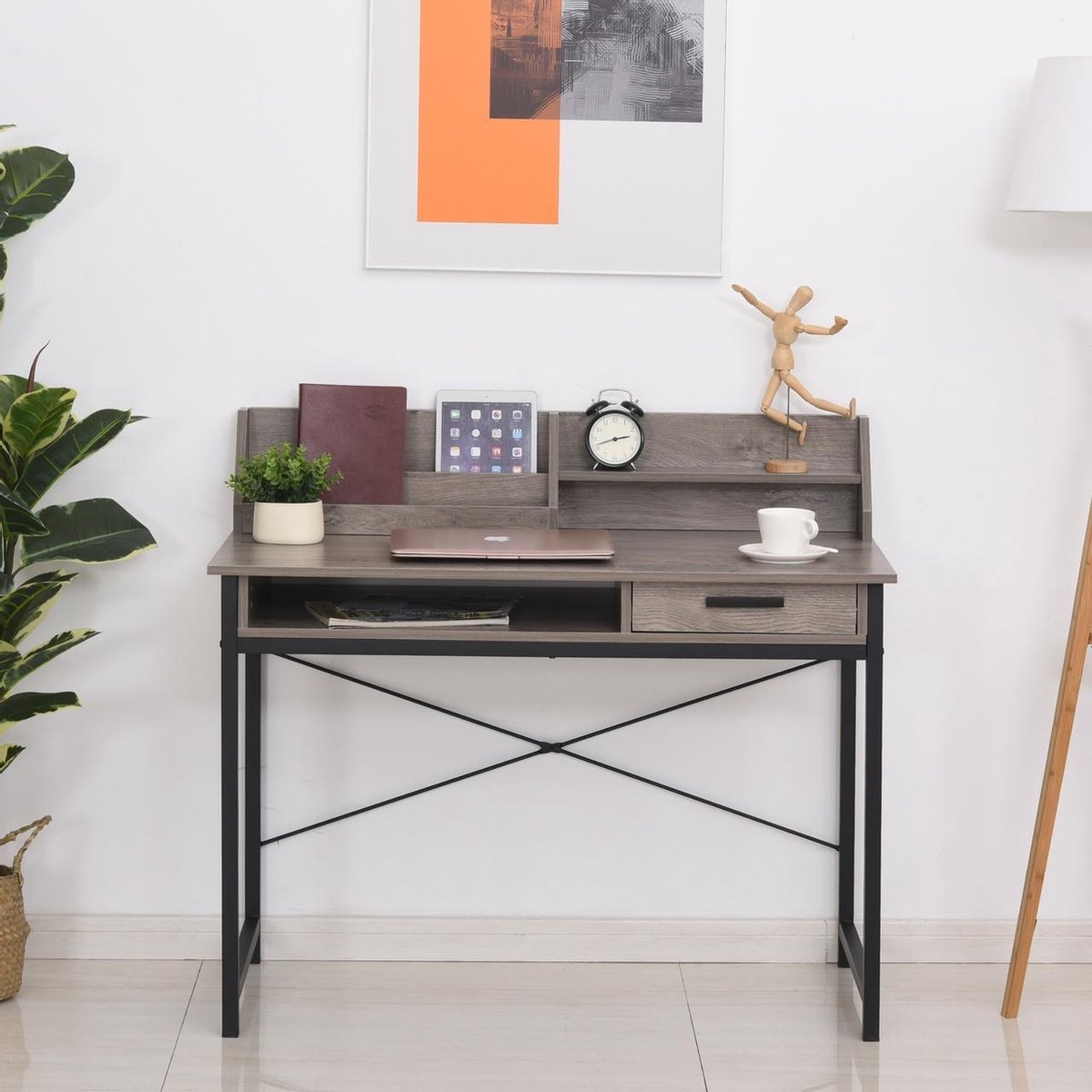 Desk - Compact - Writing desk - Computer desk - Office desk - Storage space - Industrial design - 106 x 53 x 95cm - Black