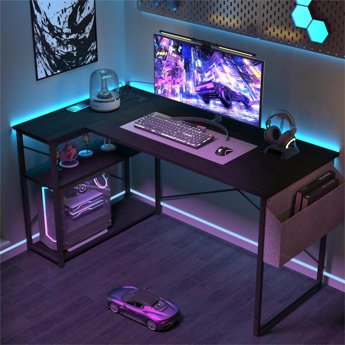 Klein Hoekbureau met Stopcontacten - 100x70 cm L-vormig Computerbureau Schrijftafel Omkeerbare Grote Opbergplanken Boekenplank Werkstation voor Studie Speel Werk Slaapkamer Thuis Kantoor