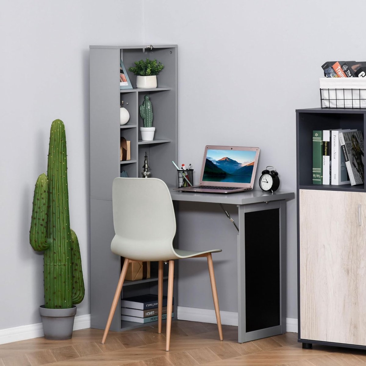Foldable computer desk, desk with storage, foldable wall table with bookcase, workstation, chalkboard and adjustable shelf, dark gray