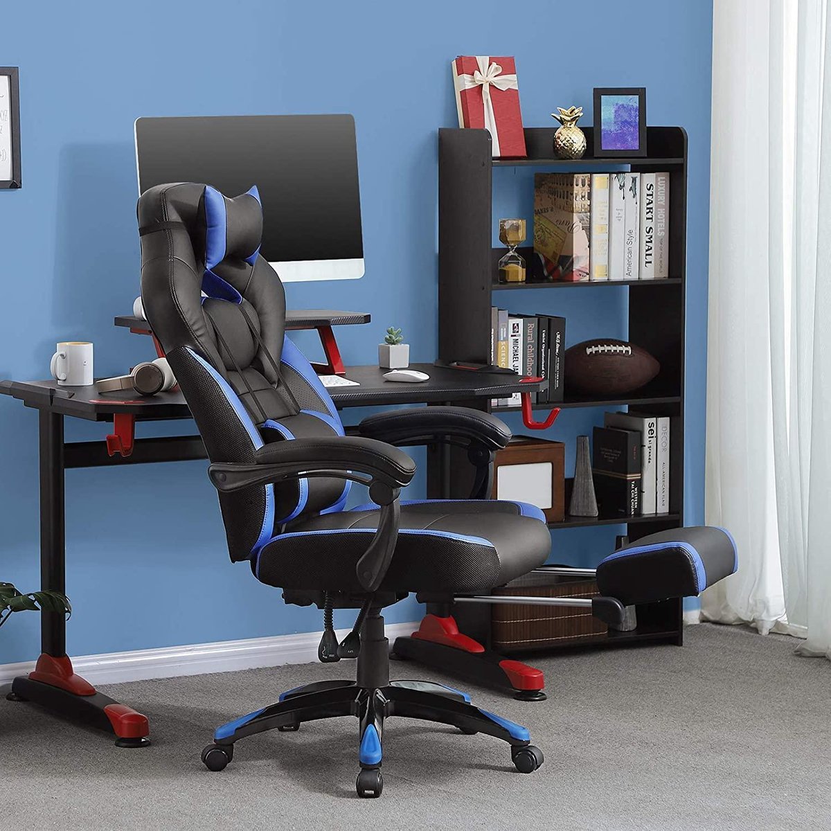 Gamingstoel - Bureaustoel met Voetsteun - Zwart-Blauw