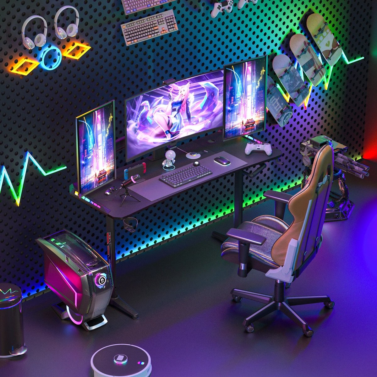 vanBoni Gaming Bureau Hoogte verstelbaar - Gaming Bureau - Gaming Bureau met Led Verlichting - Zit-Sta Bureau - 160x60x120CM - Zwart