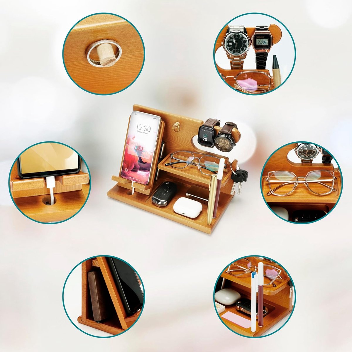 Light Brown Wooden Docking Station - Nightstand Organizer - for Storing Phone, Wallets, Watches, Gadgets and Keys - Gifts for Men - Accessories for Him/Dad
