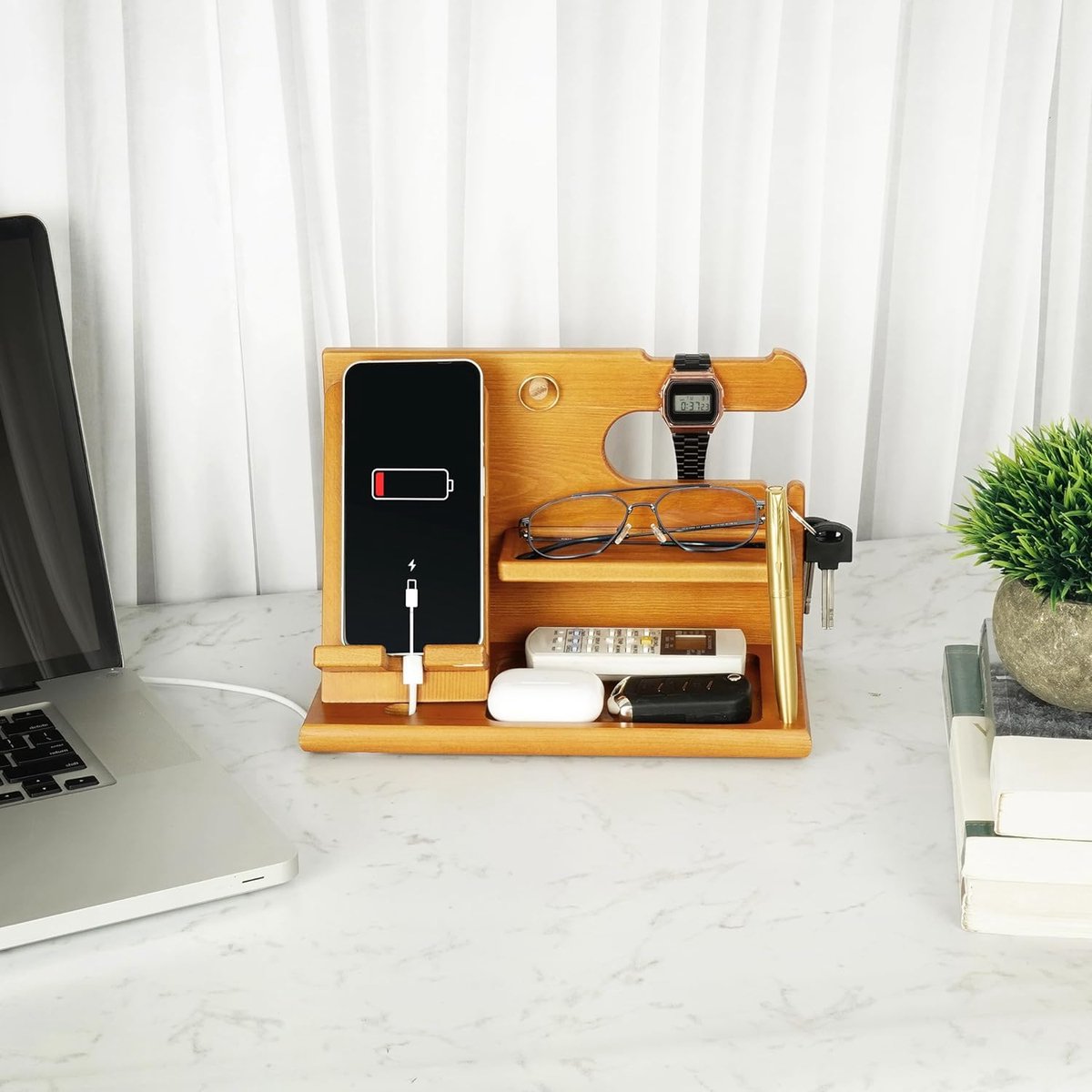 Light Brown Wooden Docking Station - Nightstand Organizer - for Storing Phone, Wallets, Watches, Gadgets and Keys - Gifts for Men - Accessories for Him/Dad