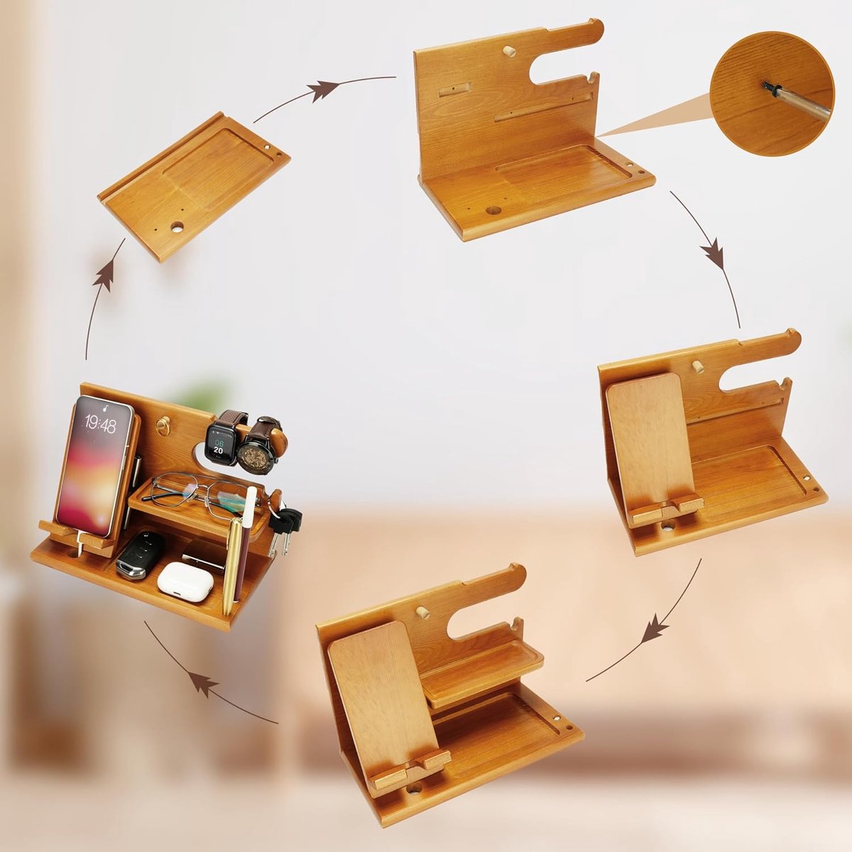 Light Brown Wooden Docking Station - Nightstand Organizer - for Storing Phone, Wallets, Watches, Gadgets and Keys - Gifts for Men - Accessories for Him/Dad