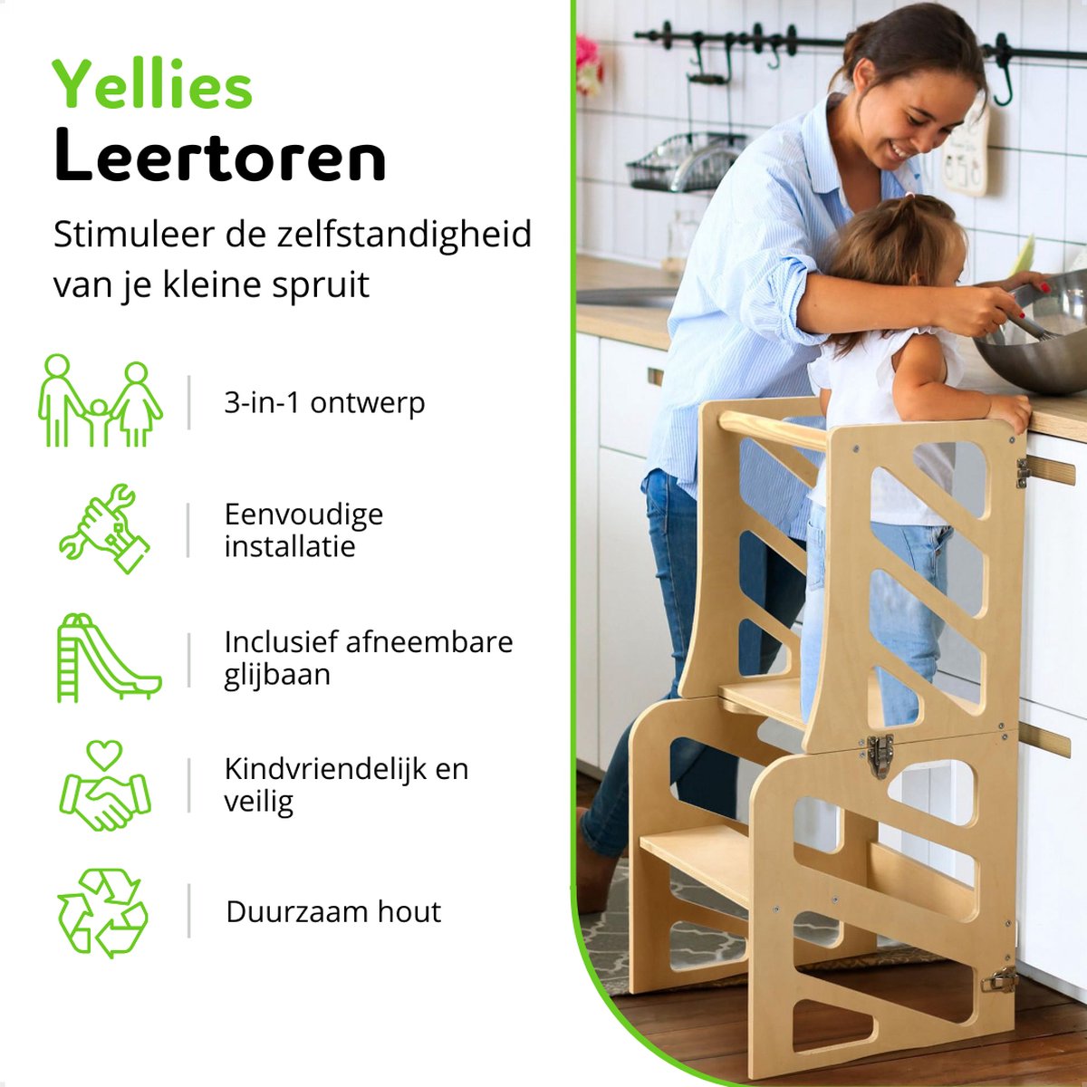 Yellies Leertoren - Learning Tower - Leertoren Keukenhulp - Keukentoren - Montessori Leertoren - 3-in-1 - Opvouwbaar - Inklapbaar - Incl. NL Handleiding - Hout