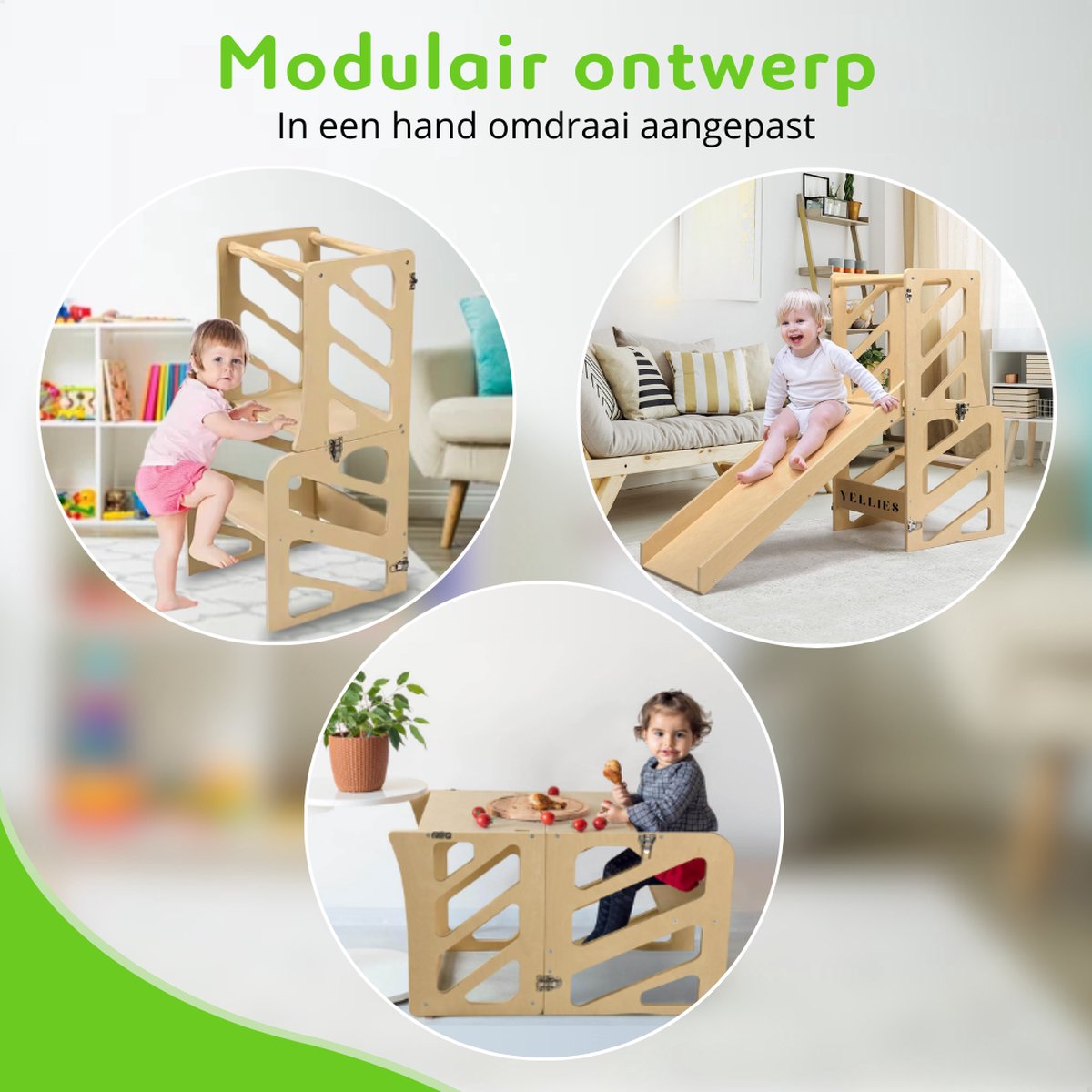 Yellies Leertoren - Learning Tower - Leertoren Keukenhulp - Keukentoren - Montessori Leertoren - 3-in-1 - Opvouwbaar - Inklapbaar - Incl. NL Handleiding - Hout