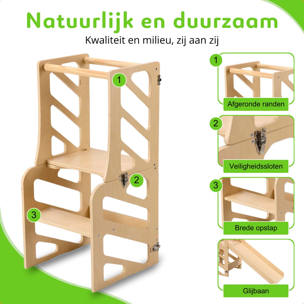 Yellies Leertoren - Learning Tower - Leertoren Keukenhulp - Keukentoren - Montessori Leertoren - 3-in-1 - Opvouwbaar - Inklapbaar - Incl. NL Handleiding - Hout