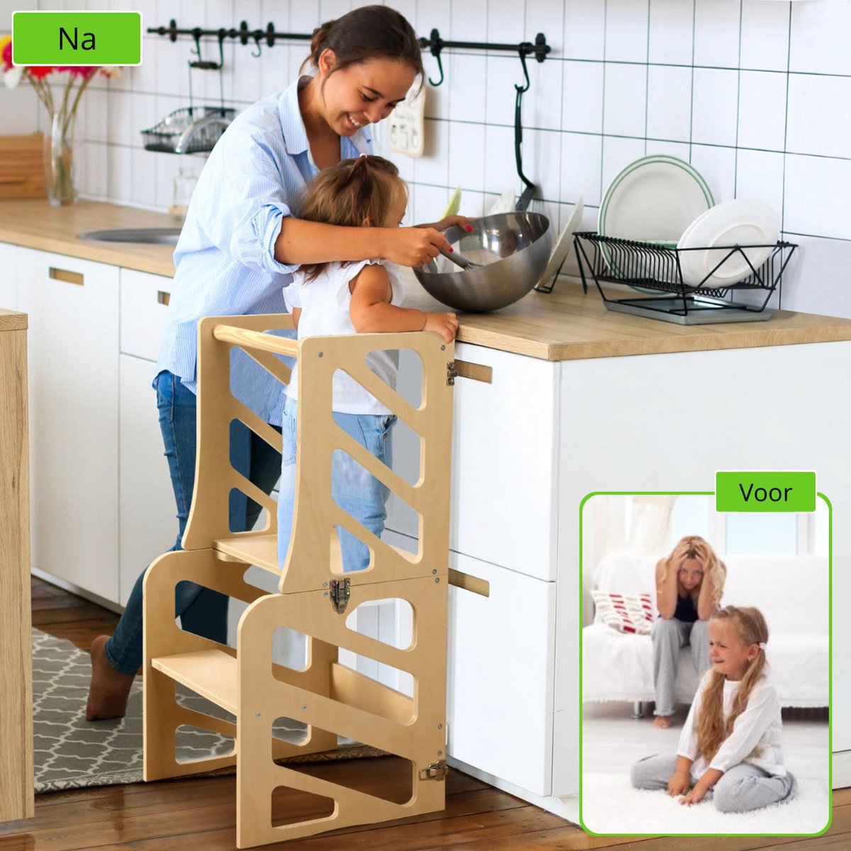 Yellies Leertoren - Learning Tower - Leertoren Keukenhulp - Keukentoren - Montessori Leertoren - 3-in-1 - Opvouwbaar - Inklapbaar - Incl. NL Handleiding - Hout