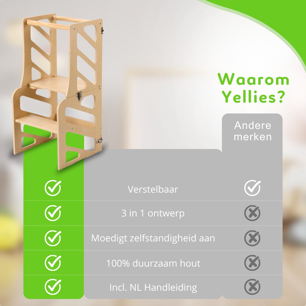 Yellies Leertoren - Learning Tower - Leertoren Keukenhulp - Keukentoren - Montessori Leertoren - 3-in-1 - Opvouwbaar - Inklapbaar - Incl. NL Handleiding - Hout
