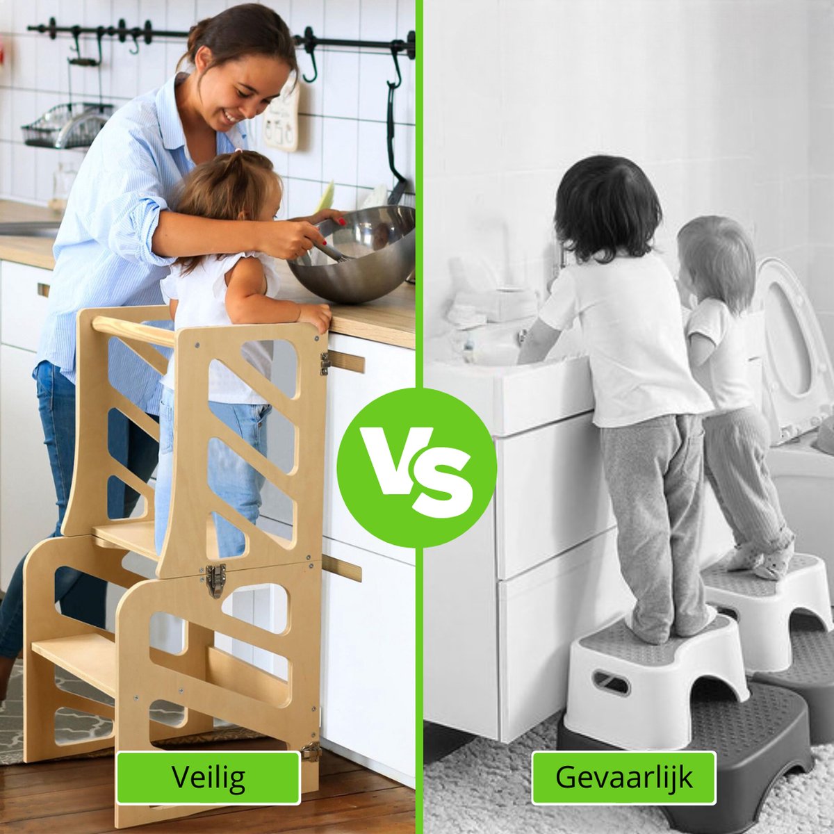 Yellies Leertoren - Learning Tower - Leertoren Keukenhulp - Keukentoren - Montessori Leertoren - 3-in-1 - Opvouwbaar - Inklapbaar - Incl. NL Handleiding - Hout
