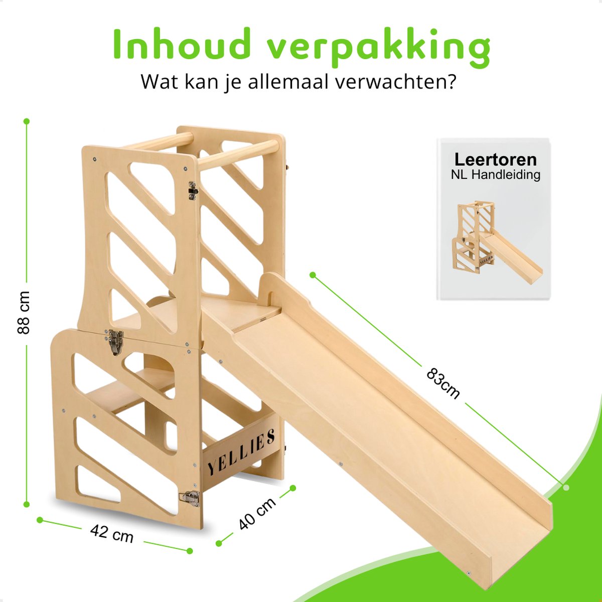 Yellies Leertoren - Learning Tower - Leertoren Keukenhulp - Keukentoren - Montessori Leertoren - 3-in-1 - Opvouwbaar - Inklapbaar - Incl. NL Handleiding - Hout