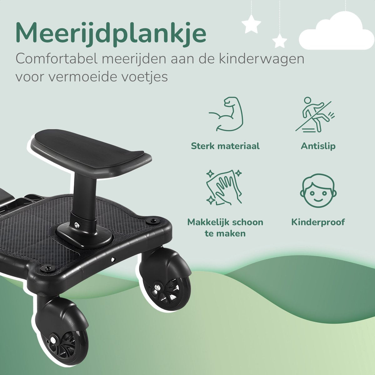 Meerijdplankje Universeel - voor Kinderwagen - met Zitje - Stroller - Baby - Buggy - Accessoires - Onderweg - Zwart - Haakje