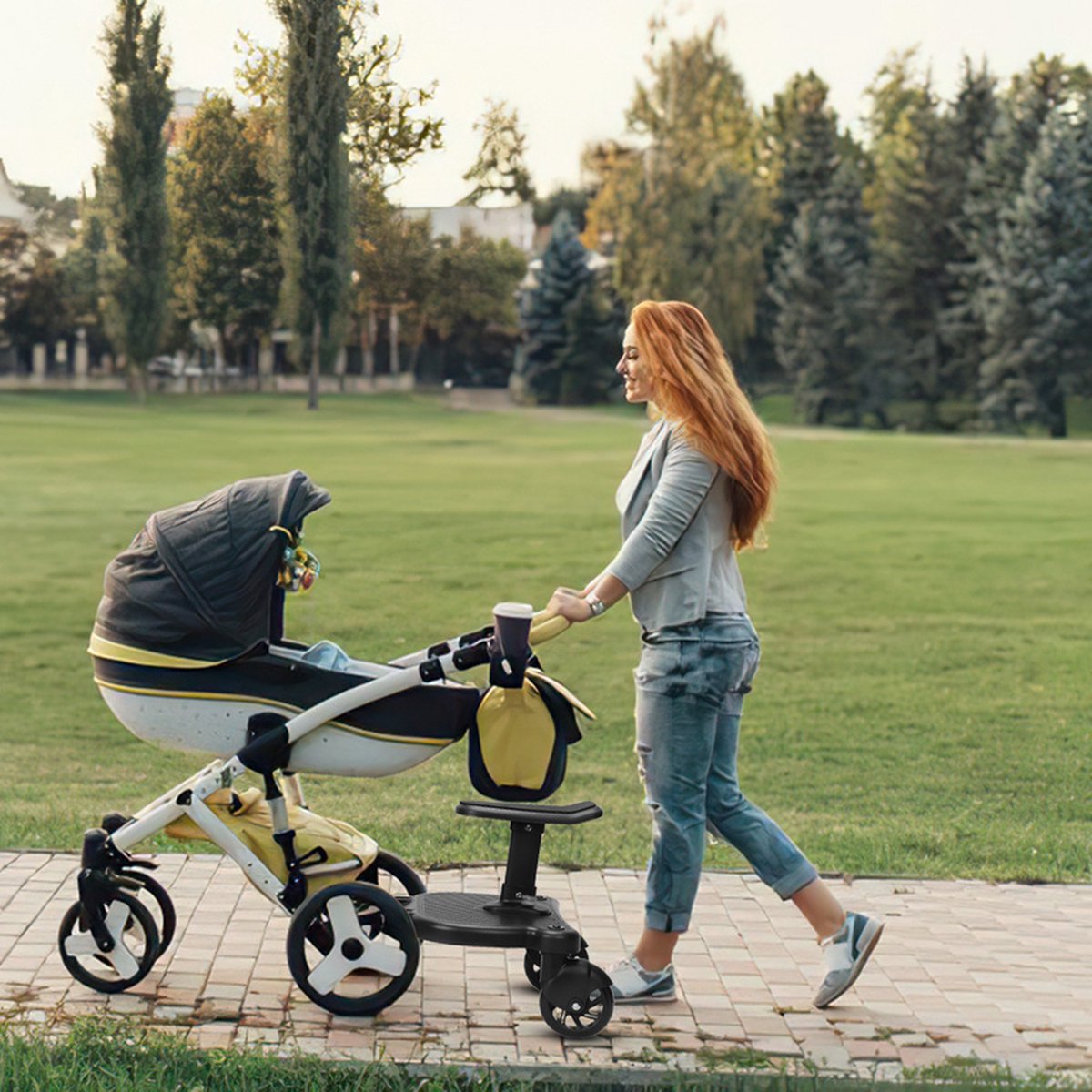 Universal Ride-Along Board - Ride-Along Board with Seat for Stroller or Buggy - Double Sturdy Wheels - Extra Stable - Adjustable - Black