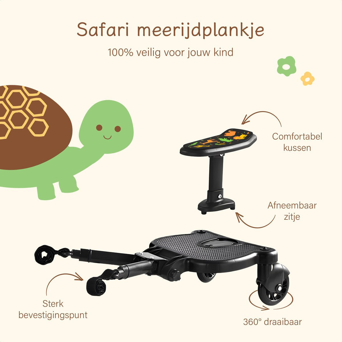 Safari Meerijdplankje Universeel - Tweewieler - Meerijdplankje met Zitje - Meerijd Plankje voor Kinderwagen - Buggy Board