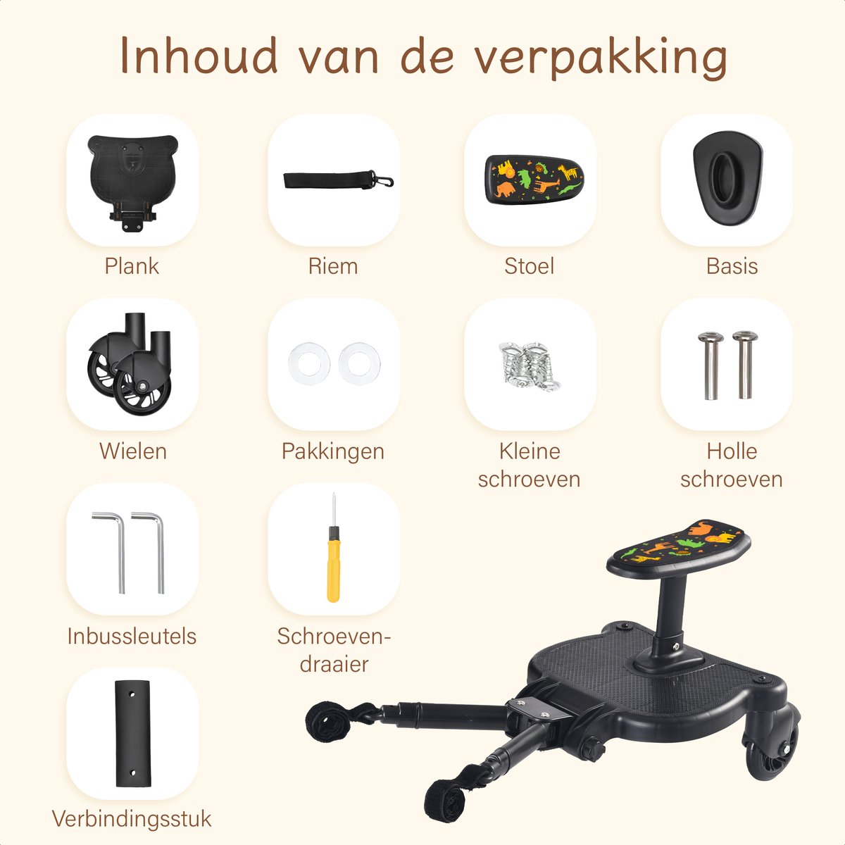Safari Meerijdplankje Universeel - Tweewieler - Meerijdplankje met Zitje - Meerijd Plankje voor Kinderwagen - Buggy Board