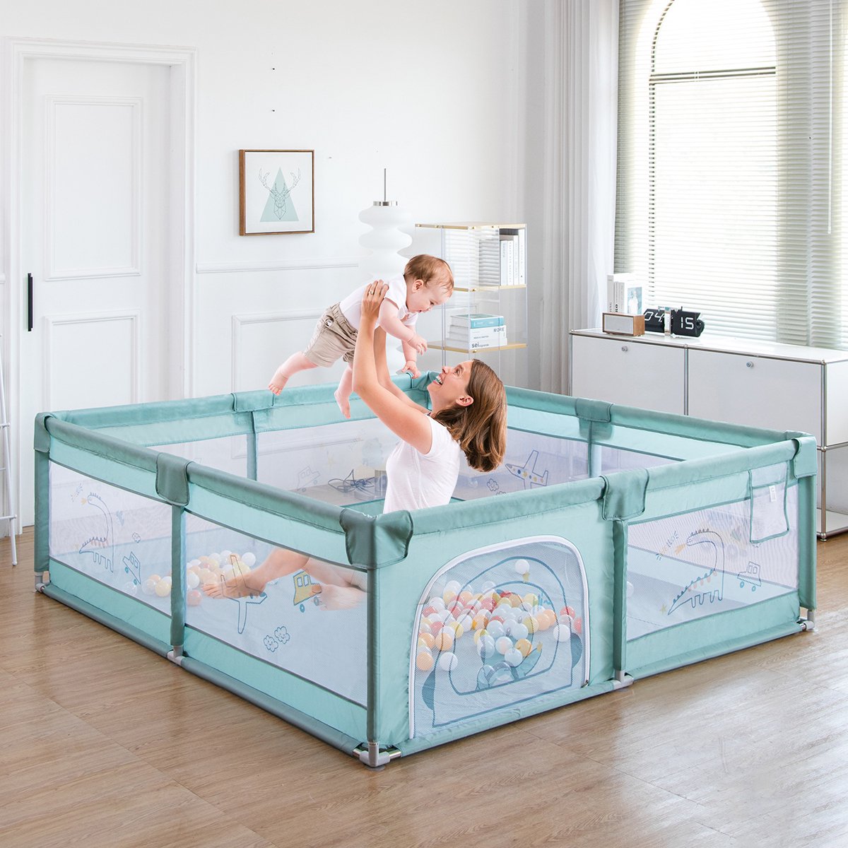 Playpen - Playard with Breathable Mesh - Indoor Kids Activity Center - Crawling Playpen for Baby - with Zipper - 180 x 200 x 65cm - Green