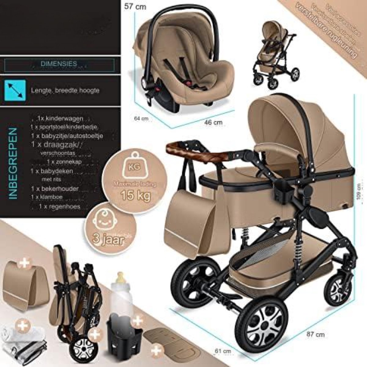 Kinderwagen 3-in-1 - Babywagen 3-in-1 - Wandelwagen - Kinderwagen 3-in-1 inclusief autostoel