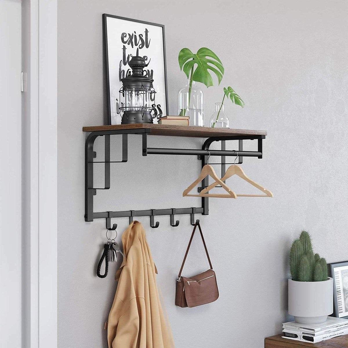 Parya Home - Vintage Coat Rack with Hat Shelf - Hanging Wall Coat Rack in Metal / Wood - 66cm long - Brown / Black