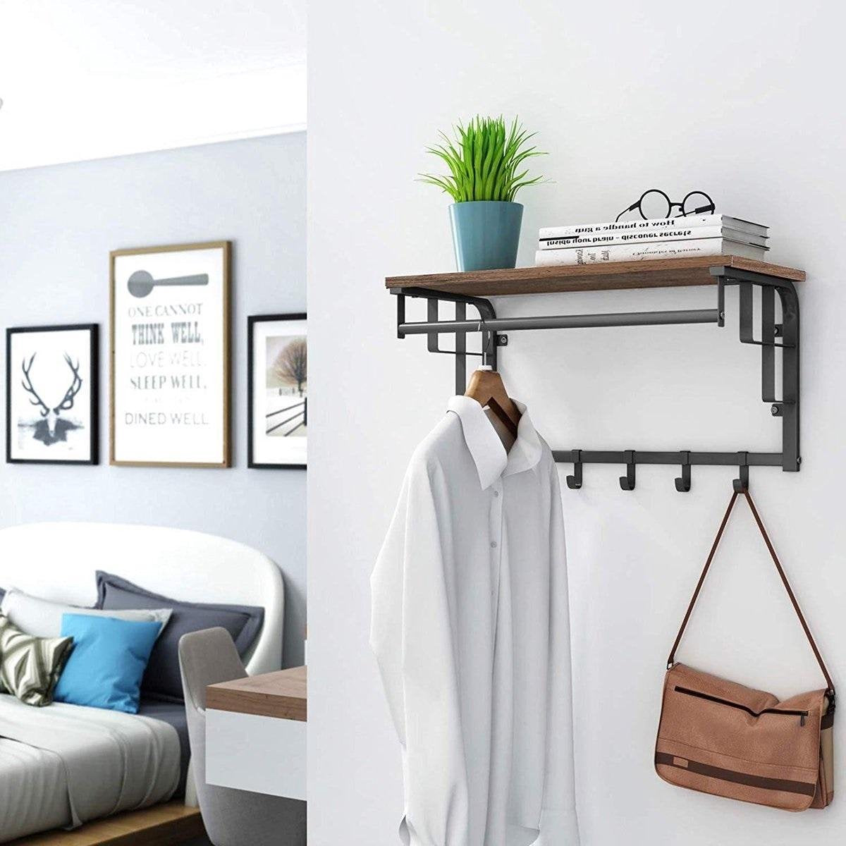 Parya Home - Vintage Coat Rack with Hat Shelf - Hanging Wall Coat Rack in Metal / Wood - 66cm long - Brown / Black