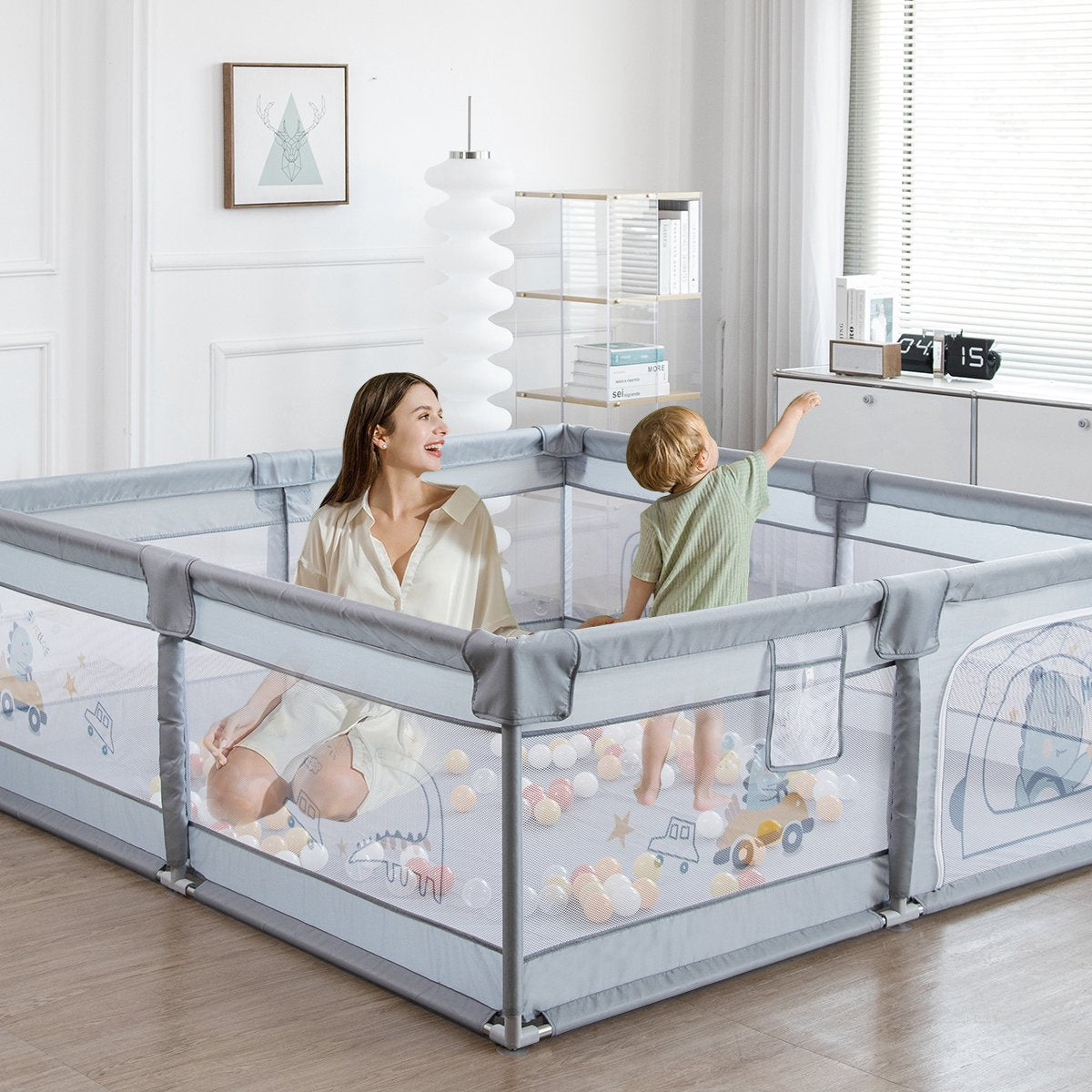 Box - Afsluitrooster met ademend Net - Indoor Speelcentrum - Babybox - met Ritssluiting - 200 x 180 x 65cm - Grijs