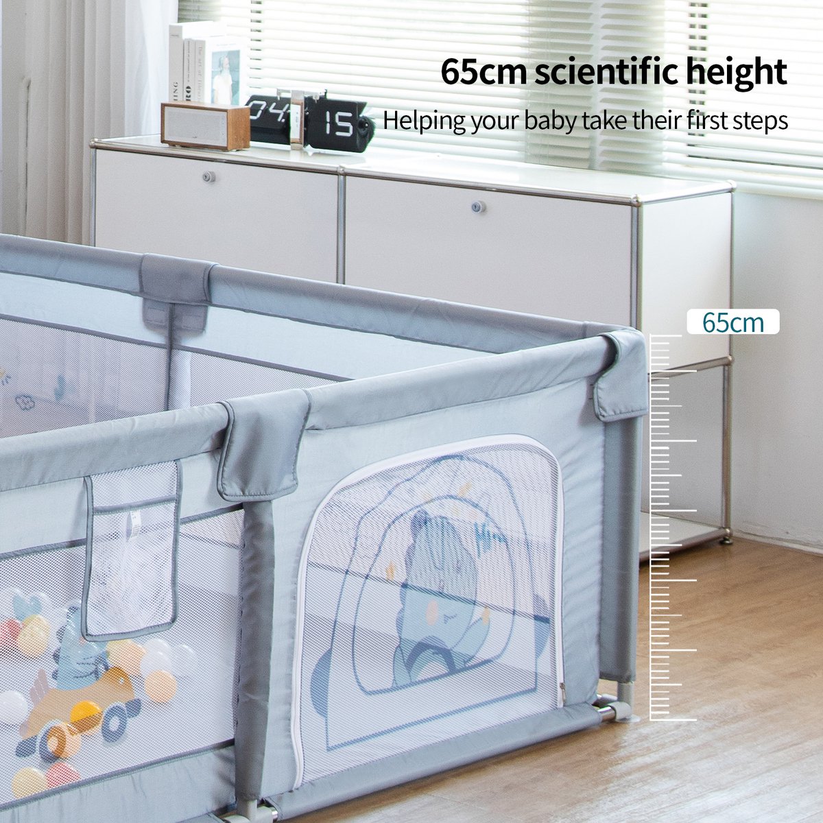 Box - Afsluitrooster met ademend Net - Indoor Speelcentrum - Babybox - met Ritssluiting - 200 x 180 x 65cm - Grijs