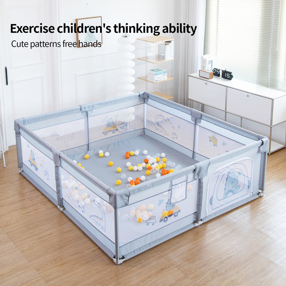 Box - Afsluitrooster met ademend Net - Indoor Speelcentrum - Babybox - met Ritssluiting - 200 x 180 x 65cm - Grijs
