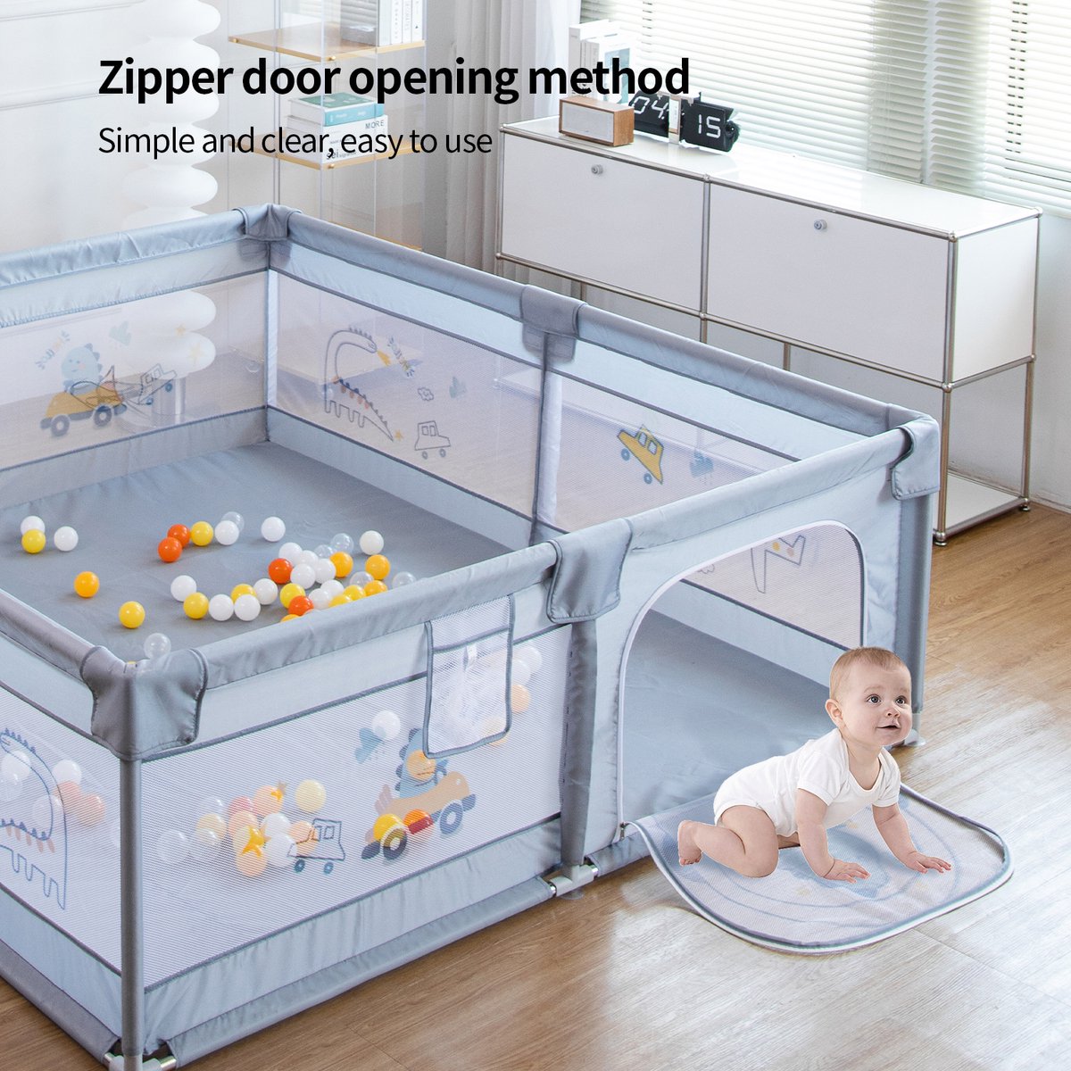 Box - Afsluitrooster met ademend Net - Indoor Speelcentrum - Babybox - met Ritssluiting - 200 x 180 x 65cm - Grijs