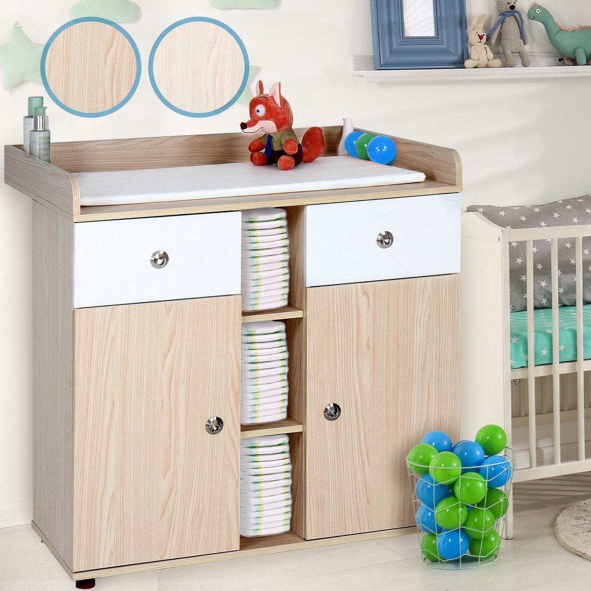 Infantastic - Commode met 2 grote laden en 5 vakken - Ladekast met Opbergruimte - Veelzijdig Omkleedmeubel met Organizer - 90x69x92 cm (LxBxH) - Beukenfineer