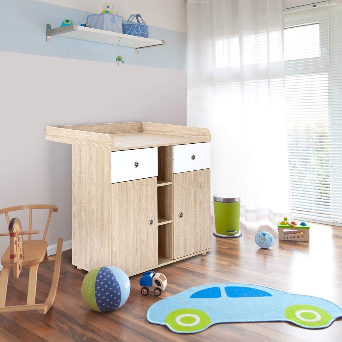 Infantastic - Commode met 2 grote laden en 5 vakken - Ladekast met Opbergruimte - Veelzijdig Omkleedmeubel met Organizer - 90x69x92 cm (LxBxH) - Beukenfineer