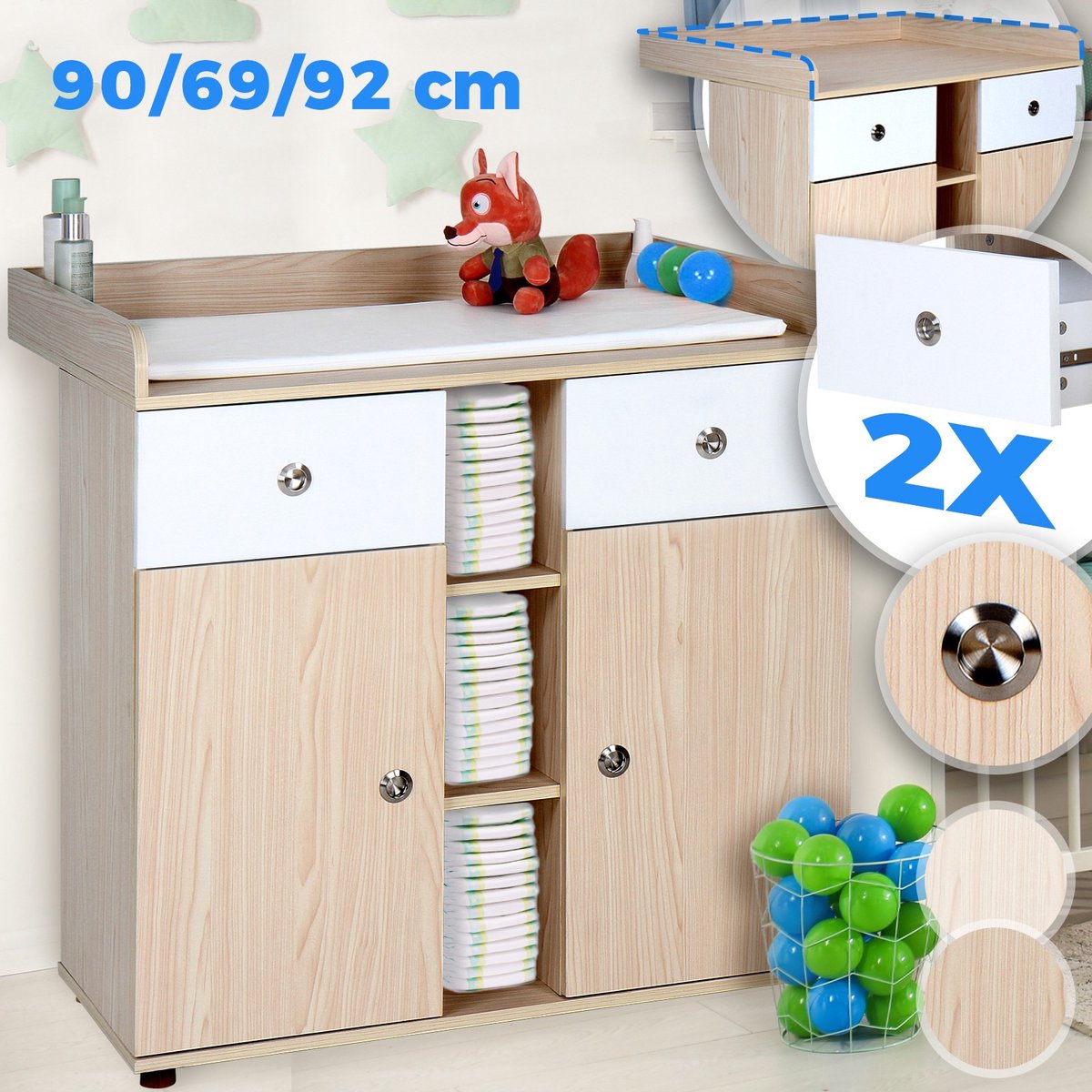 Infantastic - Commode met 2 grote laden en 5 vakken - Ladekast met Opbergruimte - Veelzijdig Omkleedmeubel met Organizer - 90x69x92 cm (LxBxH) - Beukenfineer