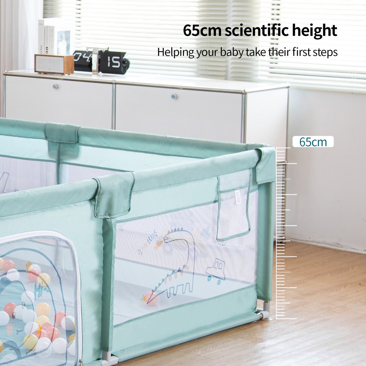 Playpen - Mobile crawling playpen - With non-slip base and sturdy protective mesh - Playpen for baby - 180 x 200 x 65cm - Green - With a bear playmat