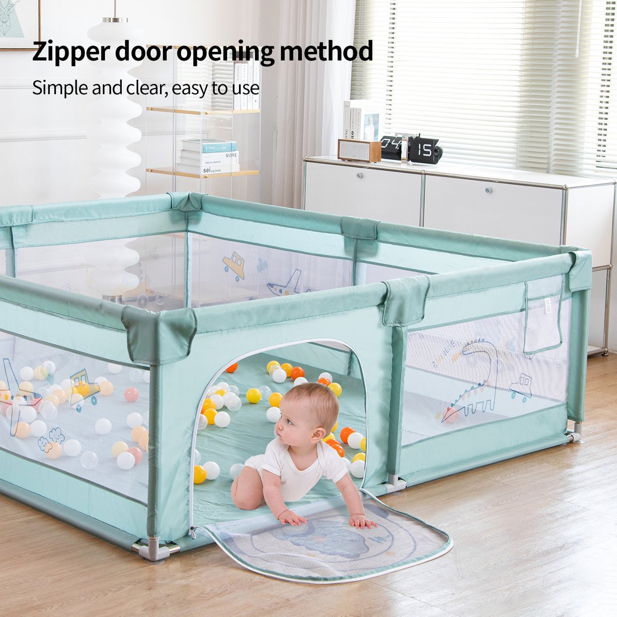 Playpen - Mobile crawling playpen - With non-slip base and sturdy protective mesh - Playpen for baby - 180 x 200 x 65cm - Green - With a bear playmat