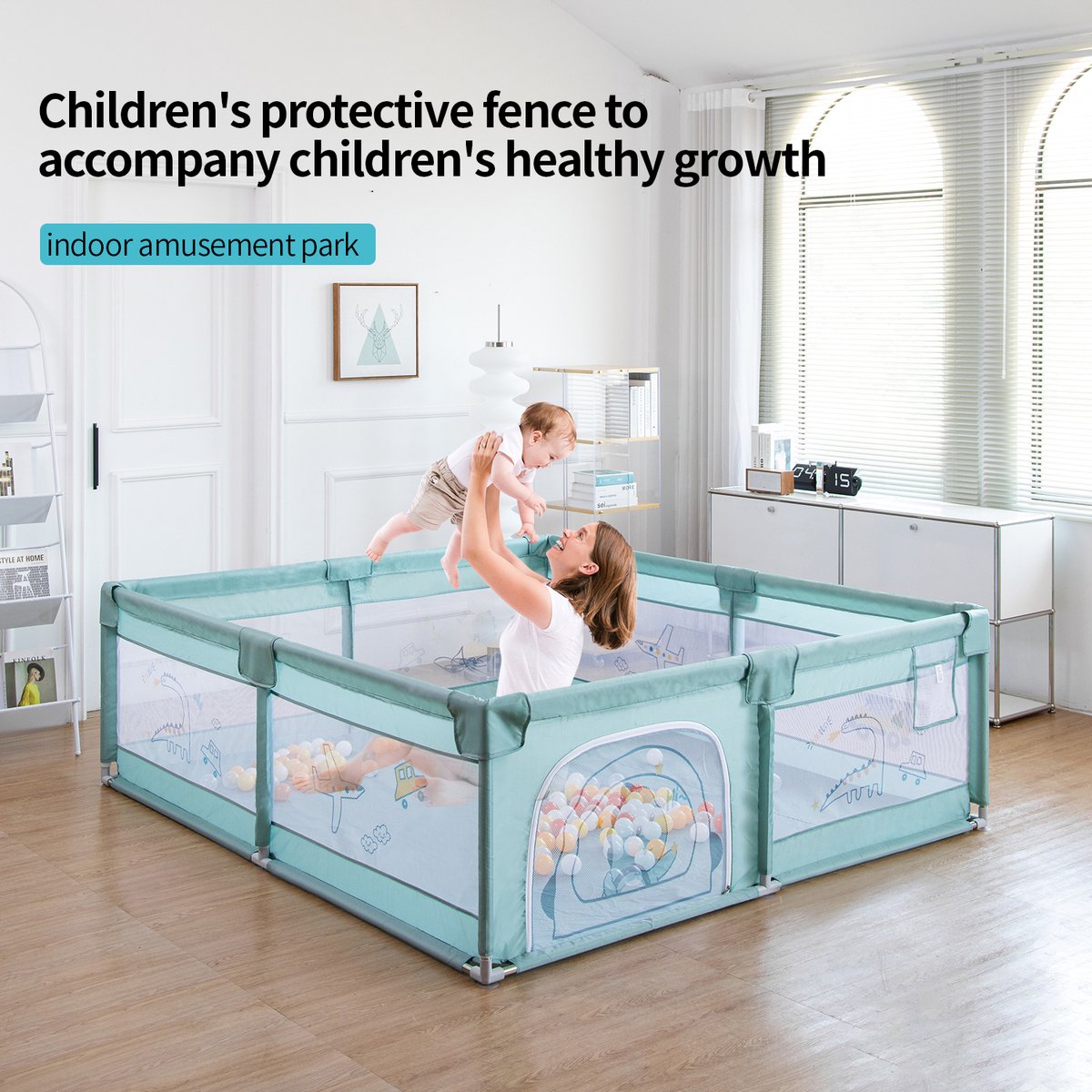 Playpen - Mobile crawling playpen - With non-slip base and sturdy protective mesh - Playpen for baby - 180 x 200 x 65cm - Green - With a bear playmat