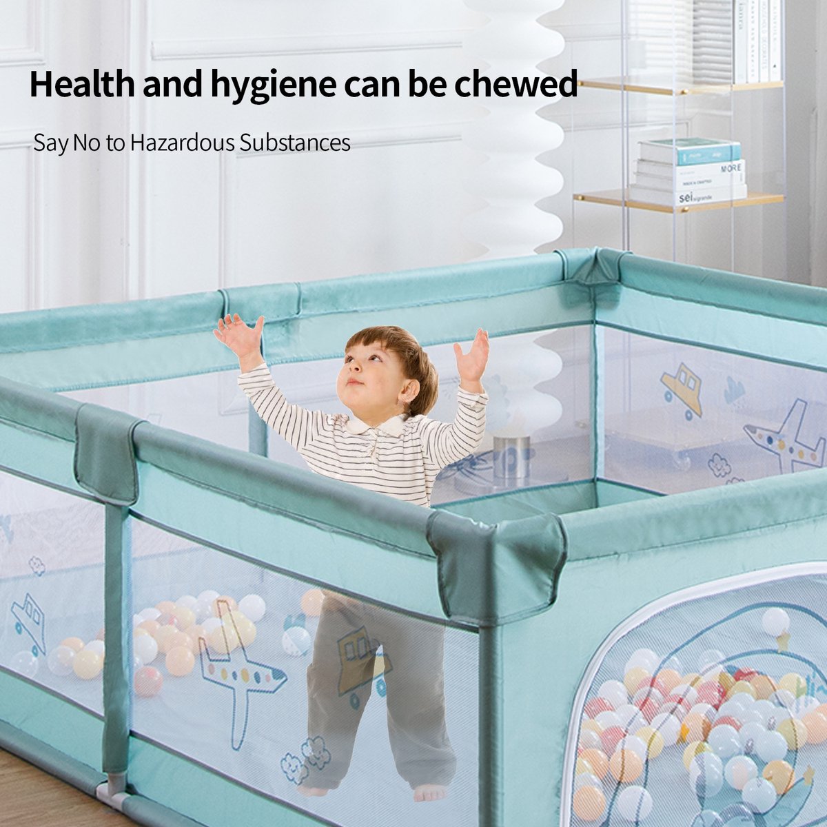 Playpen - Mobile crawling playpen - With non-slip base and sturdy protective mesh - Playpen for baby - 180 x 200 x 65cm - Green - With a bear playmat