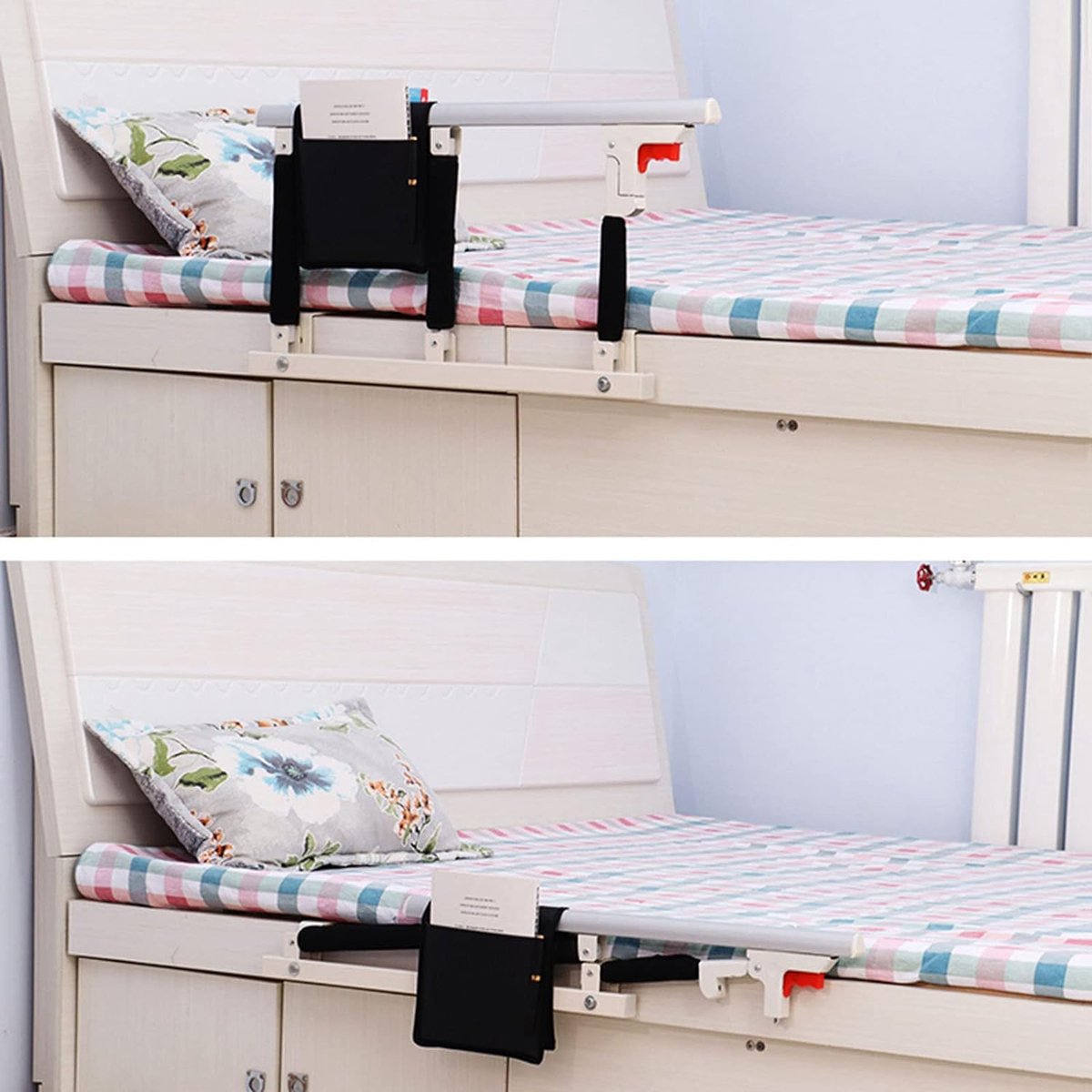 Opvouwbare bedhek veiligheidszijbeveiliging voor ouderen, volwassenen, ondersteunt handgreep, beschermende leuningen, bedleuning voor gehandicapten, ziekenhuis, met opbergzak (wit, 70 x 40 cm)