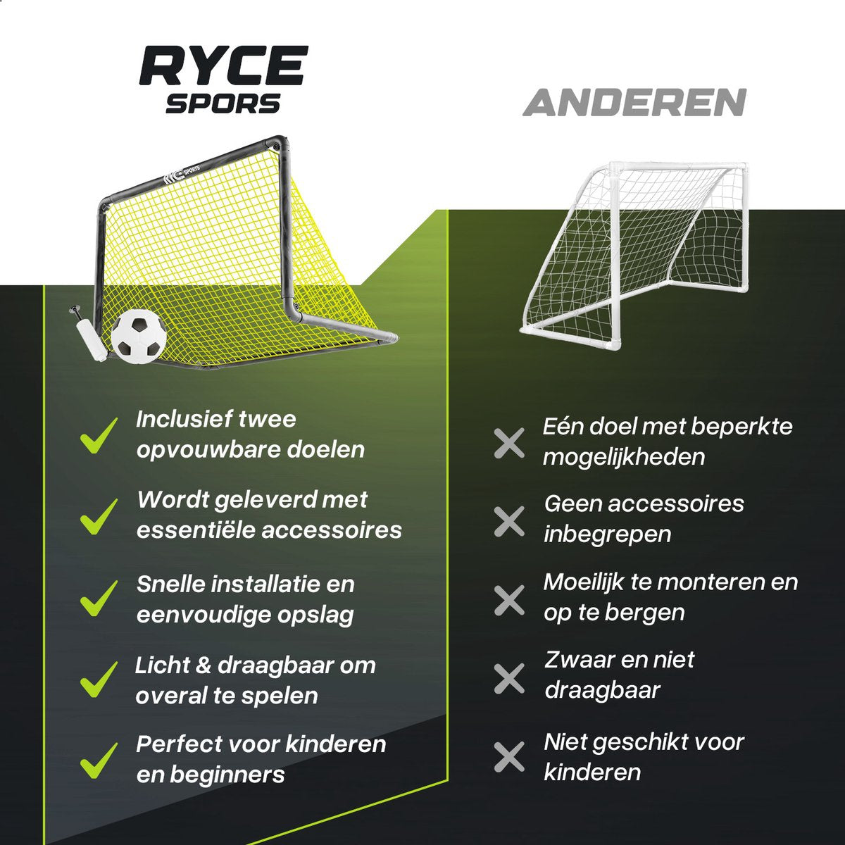 Ryce® Sports Voetbaldoeltjes - Set van 2 - 120 x 75 x 75 cm - Voetbal trainingsmateriaal - Training - Accessoires - Voetbalartikelen - Kinderen - Inclusief voetbal & Balpomp