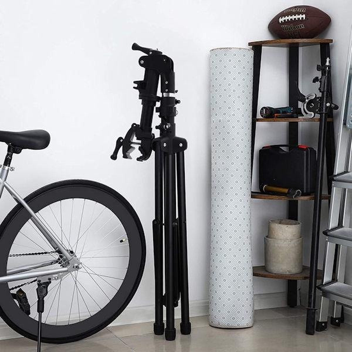 Decopatent® PRO Montagestandaard Fiets - 360° Draaibaar - Verstelbaar + Gereedschapsbakje - Fiets Montage reparatie standaard