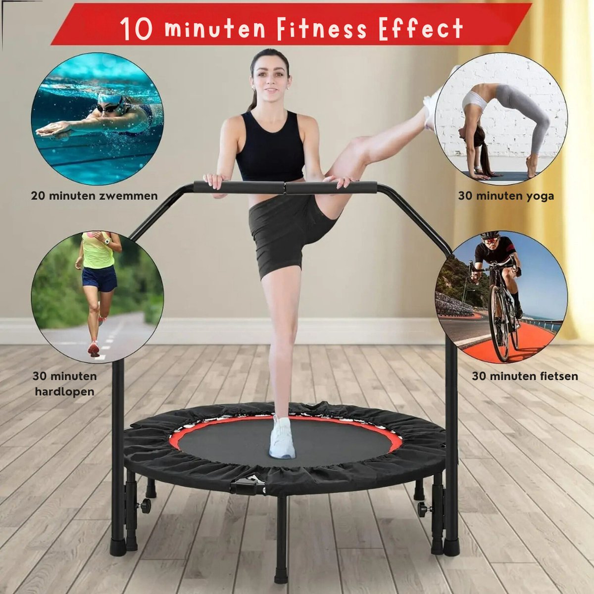 P&P Goods Rebounder – Rebounder Trampoline – Minitrampoline – Fitnesstrampoline – Reboundertraining – Verstelbaar Handvat – Opvouwbaar – Indoor Trampoline – Voor Volwassenen – Zwart