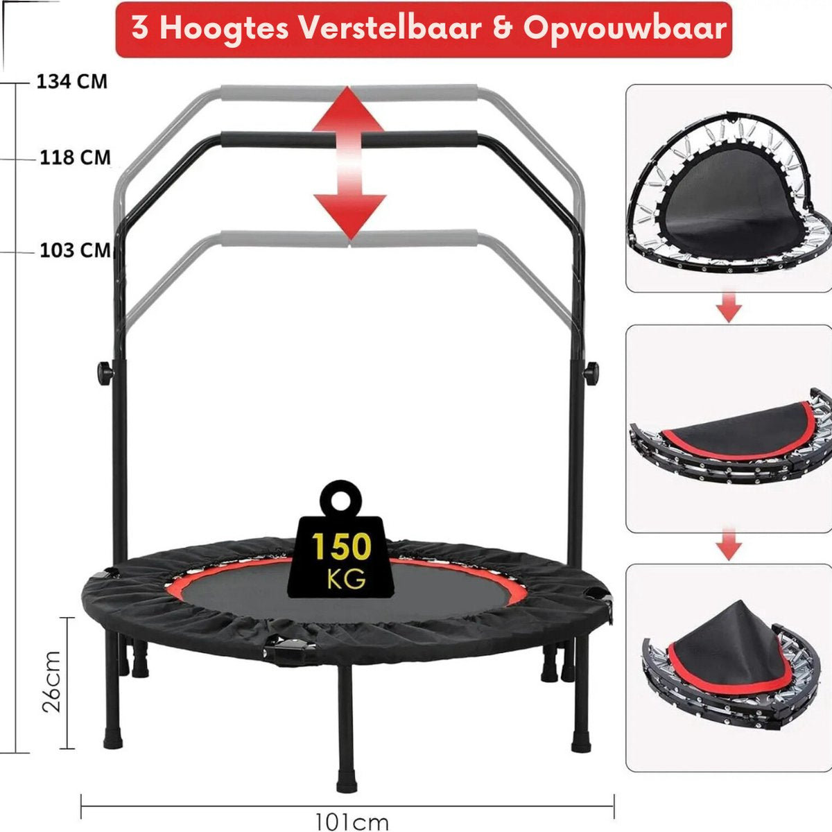 P&P Goods Rebounder – Rebounder Trampoline – Minitrampoline – Fitnesstrampoline – Reboundertraining – Verstelbaar Handvat – Opvouwbaar – Indoor Trampoline – Voor Volwassenen – Zwart