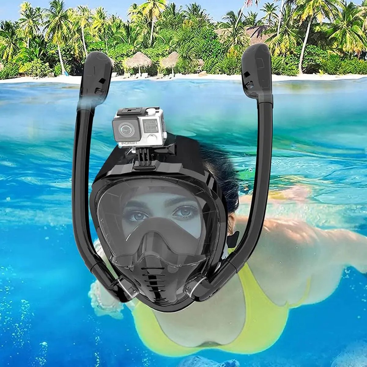 Full Face Snorkel Mask 180° Panoramic View – Silicone Dry Top Snorkel Goggles with 2 Snorkels – Anti-Fog and Anti-Leak – Snorkeling and Diving – Size S/M