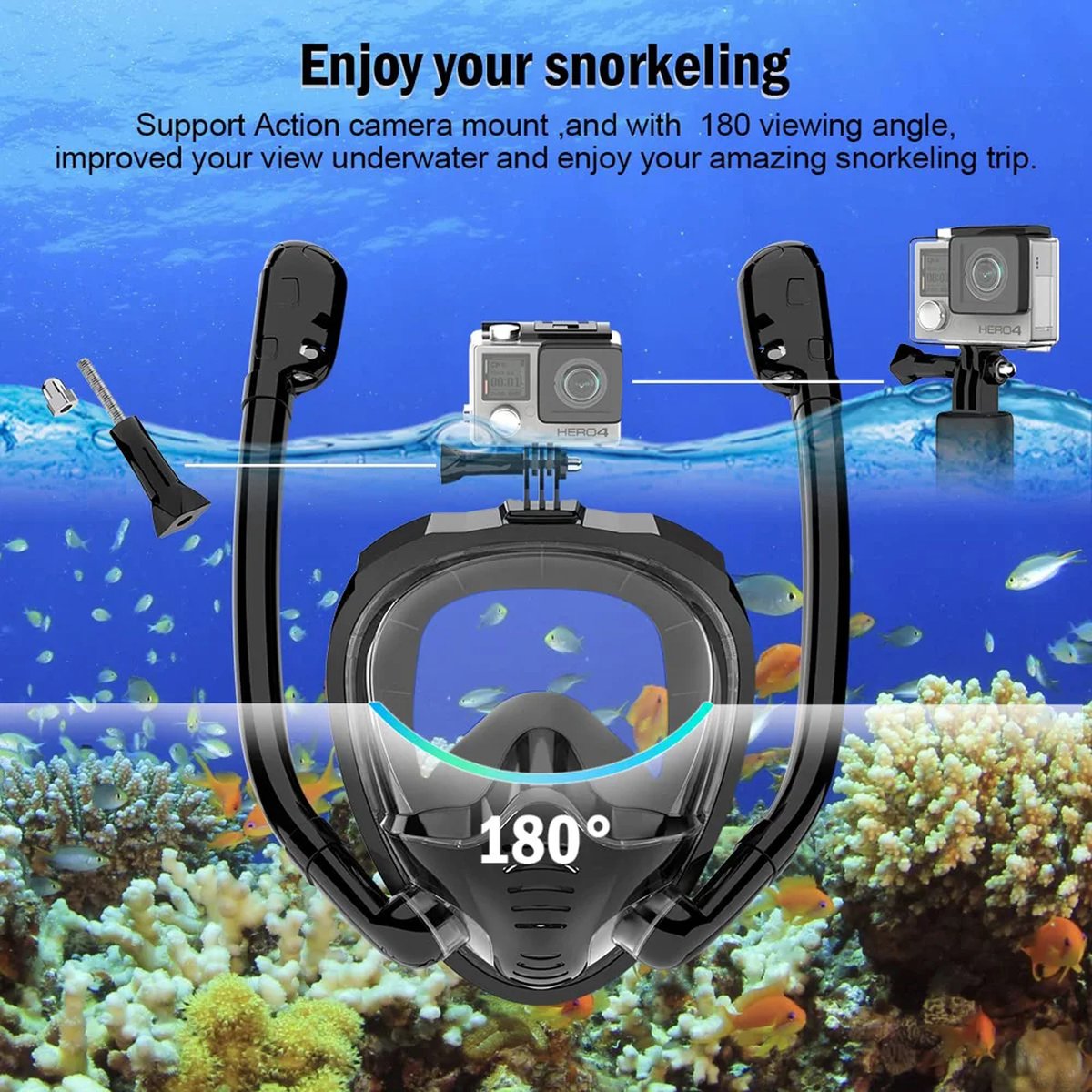 Full Face Snorkel Mask 180° Panoramic View – Silicone Dry Top Snorkel Goggles with 2 Snorkels – Anti-Fog and Anti-Leak – Snorkeling and Diving – Size S/M