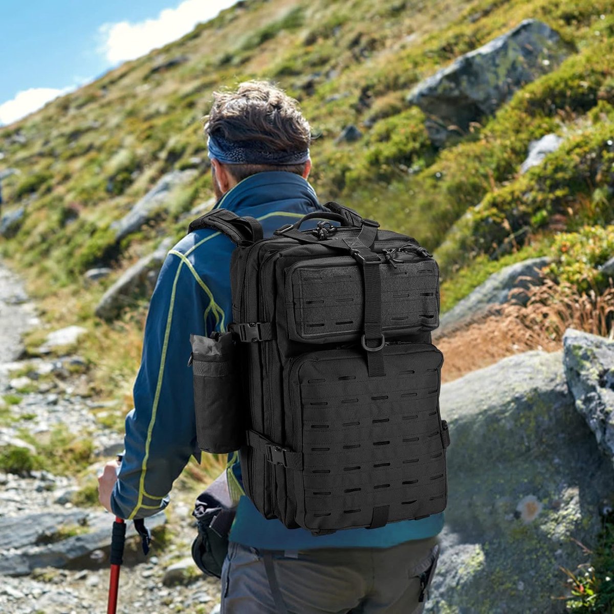 Militaire tactische rugzak, 45 liter, grote capaciteit, leger-Assault Pack, waterdichte rugzak voor wandelen, jacht, trekking en kamperen en andere outdooractiviteiten, camoblack, Zwart 45L