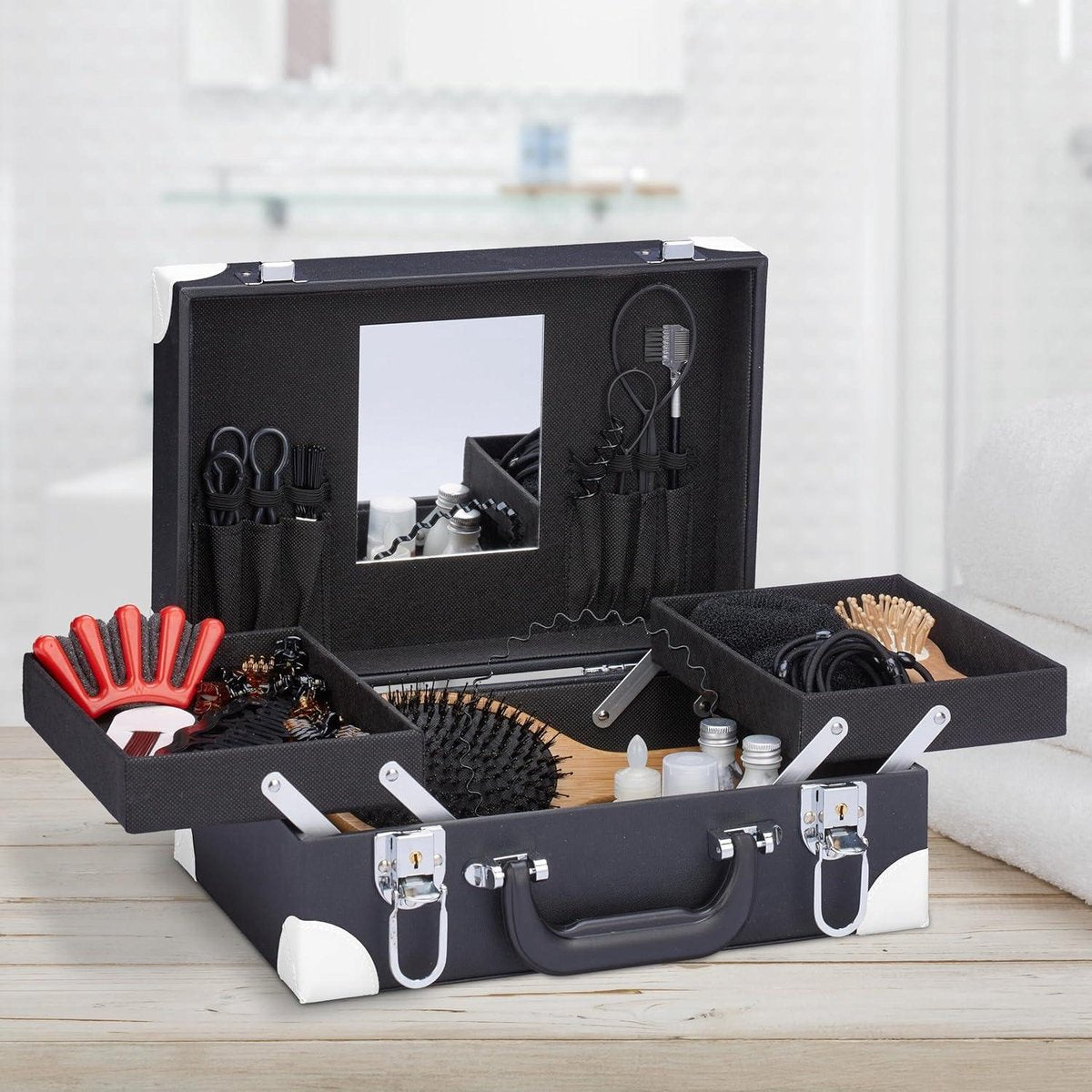 Make-upkoffer - Nagellak-schminkkoffer met spiegel - HBD 125 x 31 x 23 cm - Slot zwart/wit Nagellakkoffer