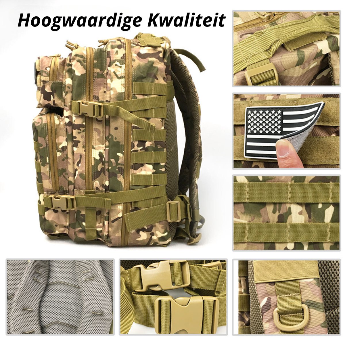 Tactical Army Backpack - 45L - Black - 30 x 30 x 50 cm - 4 Compartments - Made of Polyester - Durable and Spacious