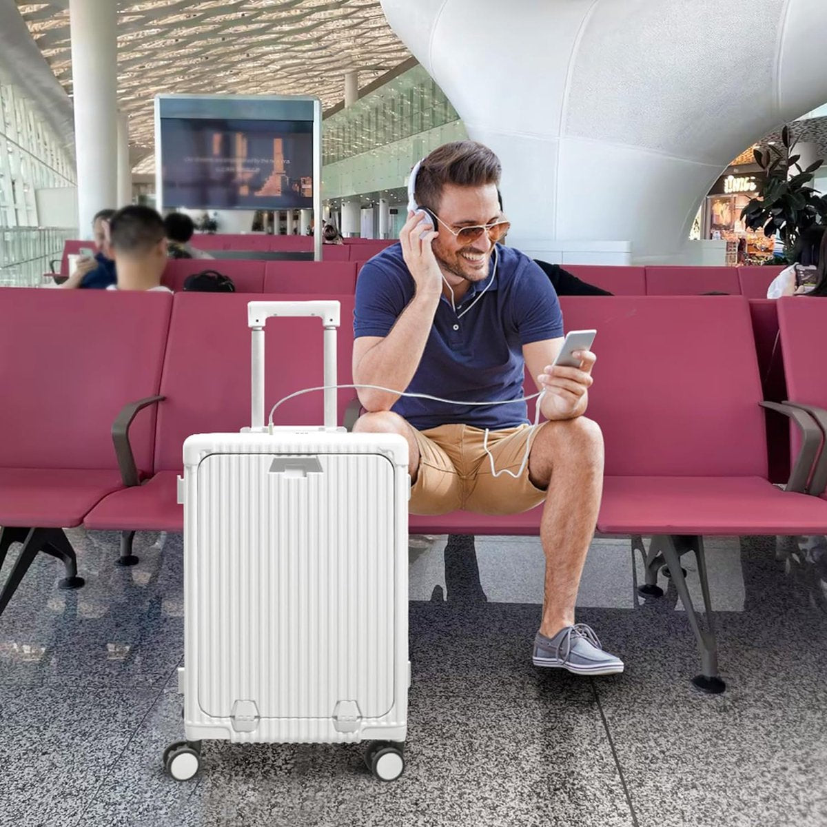 Approved carry-on luggage with spinner wheels, 20 inch suitcase with aluminum frame, integrated TSA lock, with USB port and cup, cell phone holder travel suitcase, white, Design with