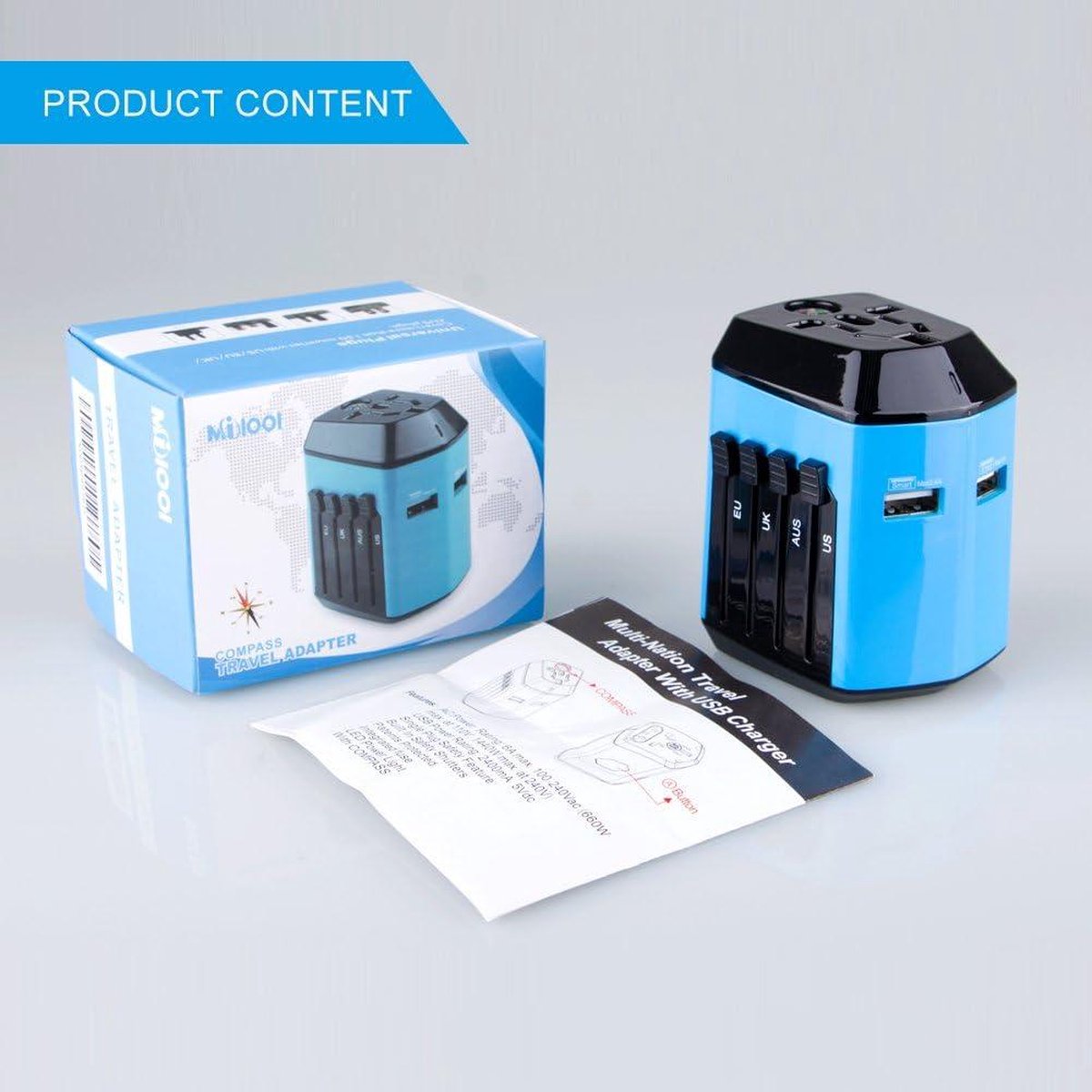 Universal Travel Adapter with 2 USB Ports for 180 Countries UK/EU/US/AU - House Shape Blue