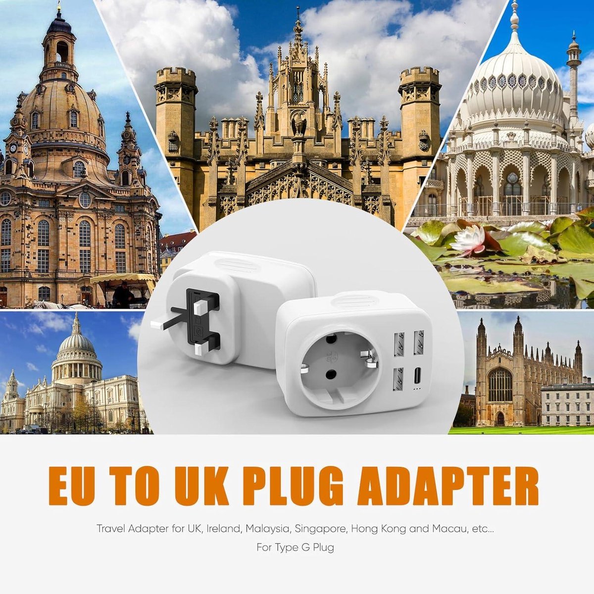 EU to UK plug adapter - England Germany socket - 3 USB-A and type C - 250 V/13 A 3250 W - type G - UK Ireland Singapore Hong Kong